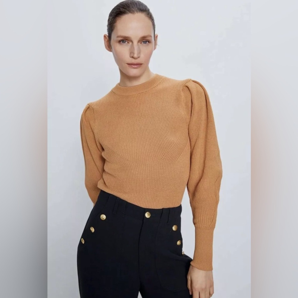 ZARA Knit Sweater PUFF SLEEVES Camel FITTED Crew Neck Top Medium NWOT 2488/119